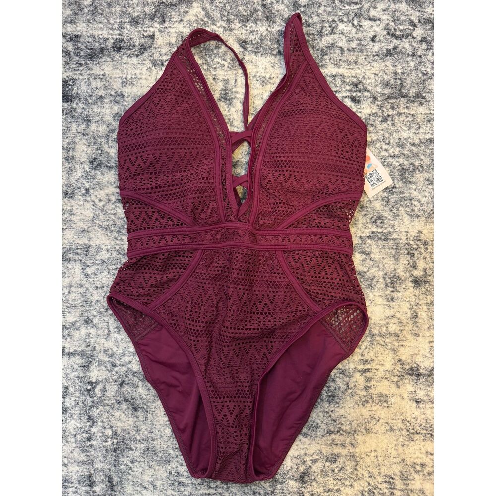 NWT Charmo Burgundy Crisscross Plunge Crochet Inspited One Piece Swimsuit M